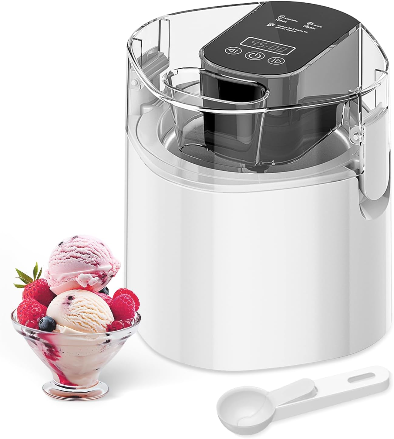 1.5-Qt Ice Cream Machine with LCD screen and a bowl of ice cream.