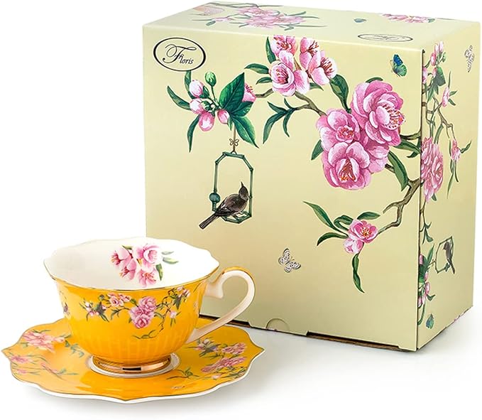 Pink peony floral pattern bone china teacup and saucer set, elegant and vintage style, perfect for afternoon tea or home decor.