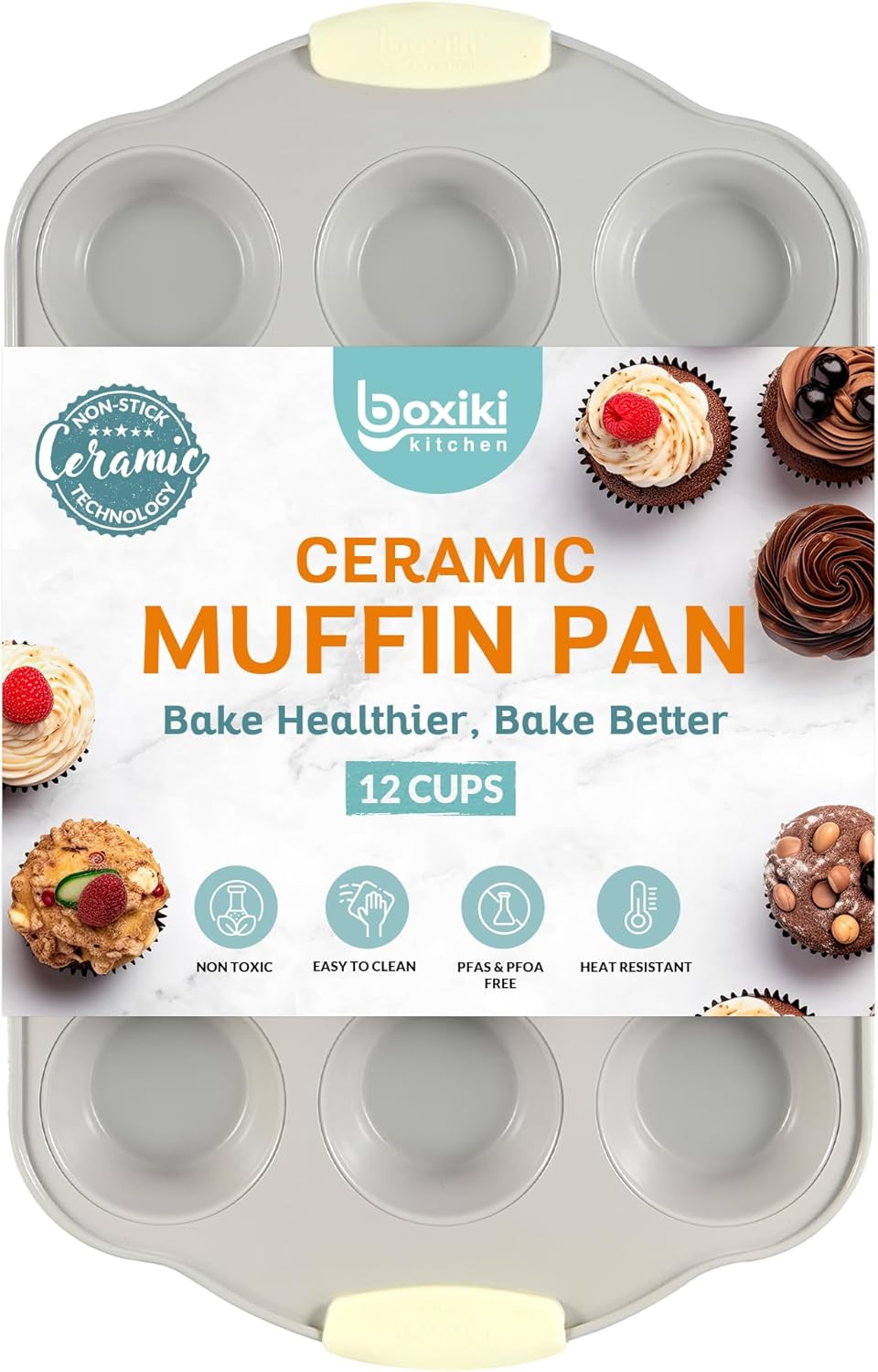 Boxiki Kitchen 12 Cup Ceramic Coated Muffin Pan Durable Steel Frame Nonstick Surface Silicone Handles