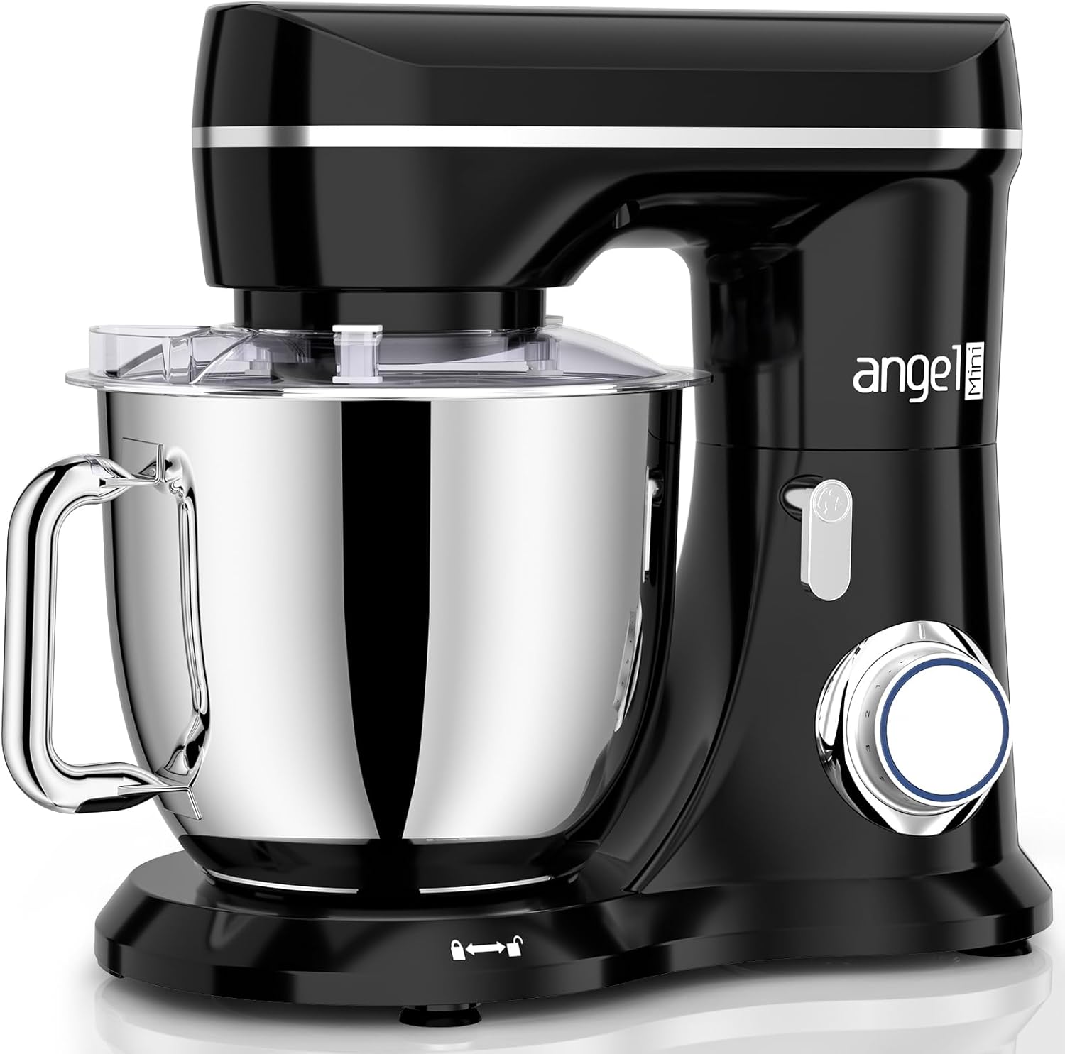 Mini Angel Electric Stand Mixer in Black with 5-quart capacity.