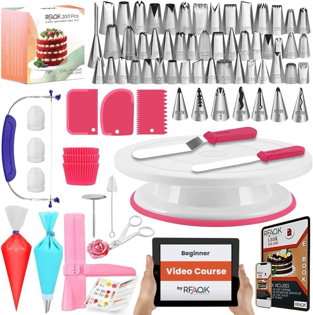 RFAQK 200PCS Cake Decorating Kit for Beginners with Turntable Piping Bags Tips Straight Offset Spatula Leveler Pattern Chart Video Course