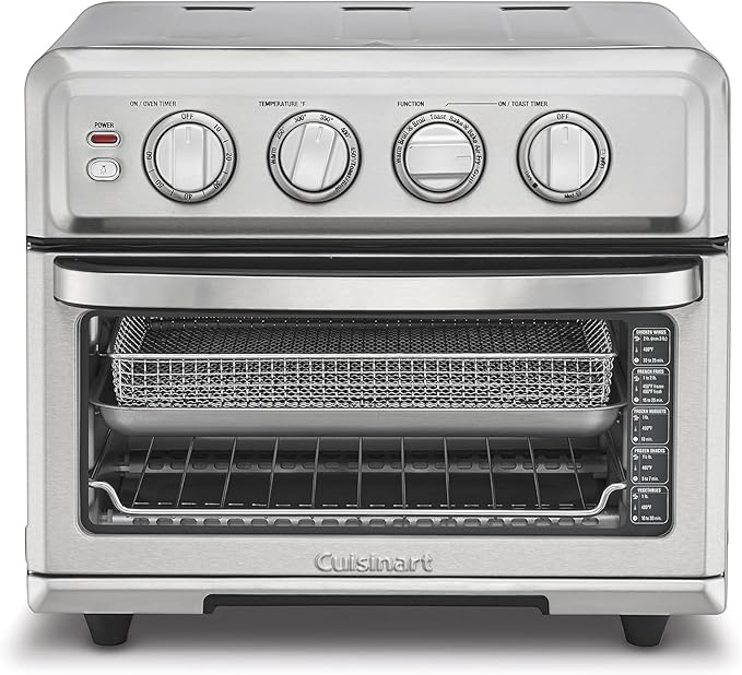 Cuisinart 8-in-1 Air Fryer Toaster Oven, stainless steel, with food inside, showcasing its large capacity and various cooking functions.