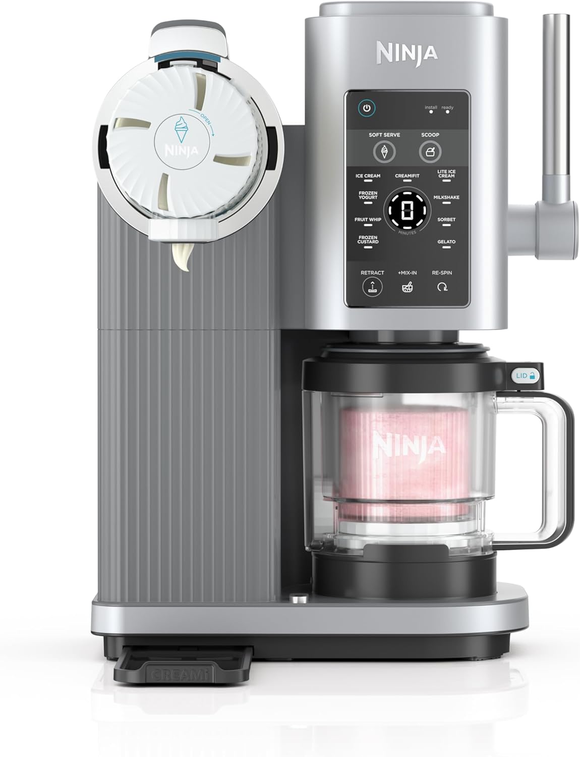 Ninja Swirl by CREAMi Ice Cream and Soft Serve Maker with a soft serve cone.