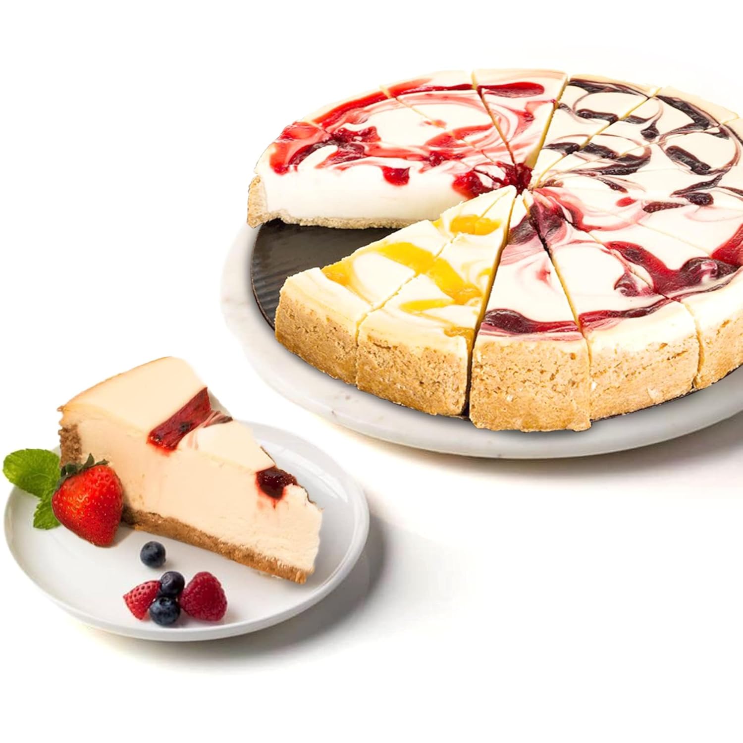 A pre-sliced 10-inch Fruit Cheesecake Sampler with four different fruit flavors.