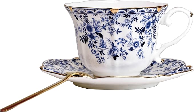 Vintage floral teacup and saucer set with spoon, gold trim, blue and white china, 6.4 oz capacity