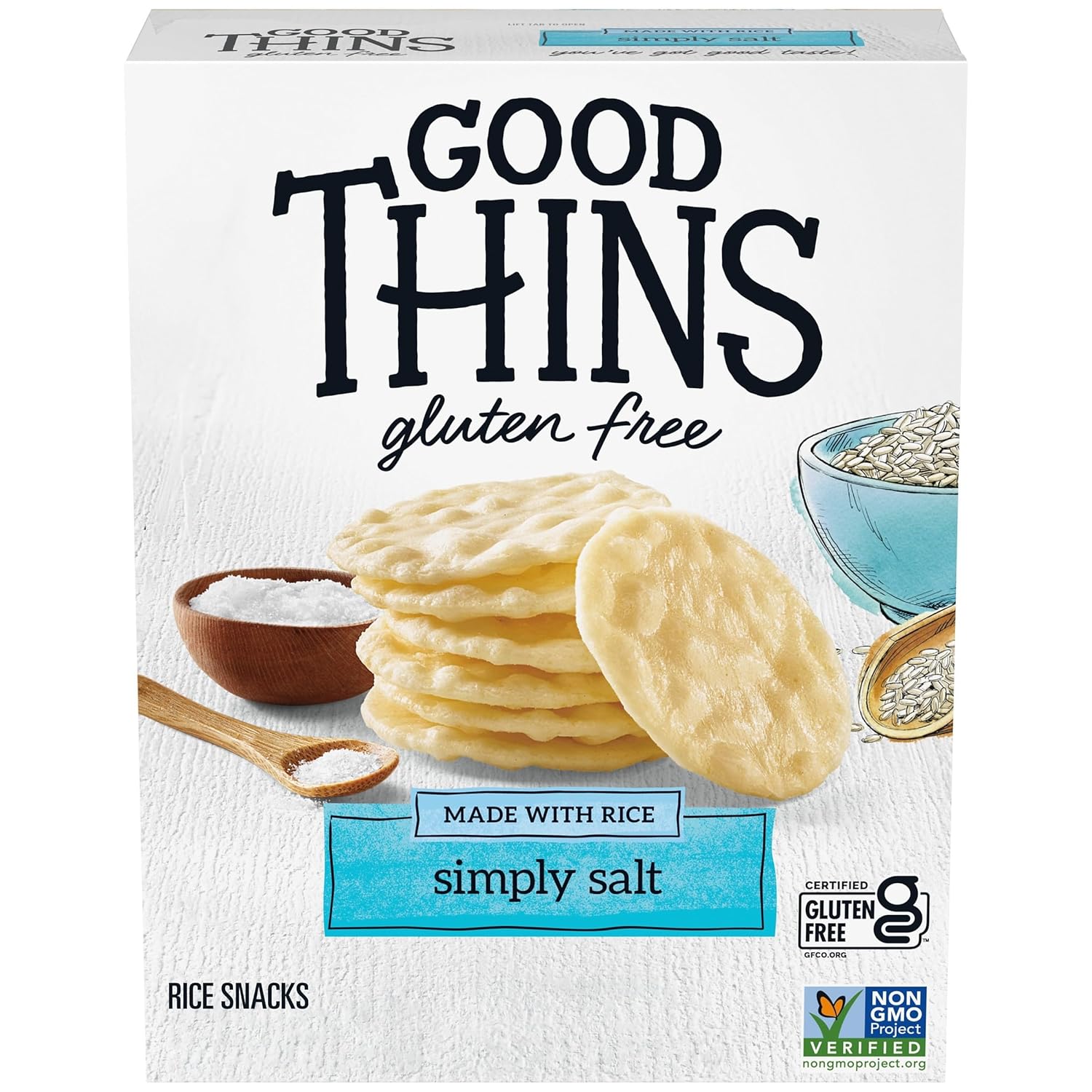Good Thins Simply Salt Rice Snacks Gluten Free Crackers box.