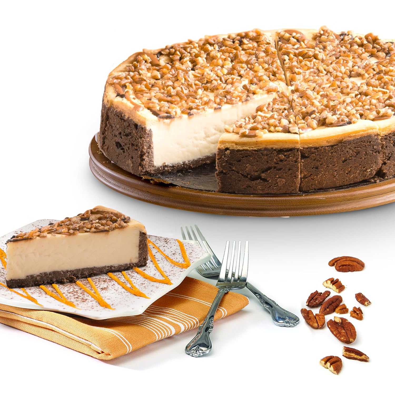 A pre-sliced 10-inch Chocolate Caramel Pecan Cheesecake.
