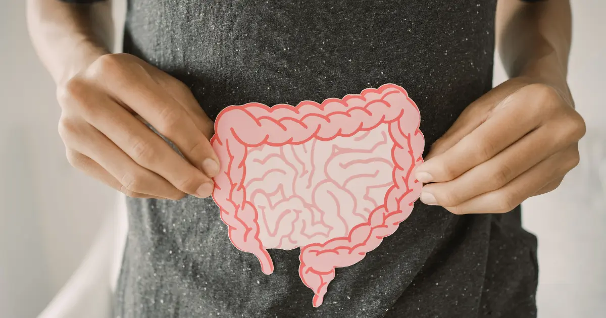 A woman pointing to a diagram of the digestive system to illustrate gut health concepts.