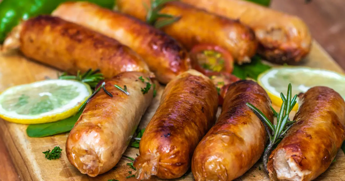 Grilled venison sausage on a rustic wooden plate, showcasing breakfast Sausage distinct flavor