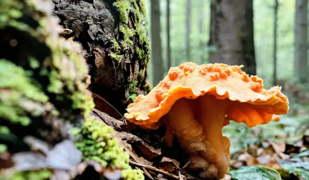 Vibrant Chicken of the Woods mushroom growing on the side of a tree, featuring bright orange and yellow colors.