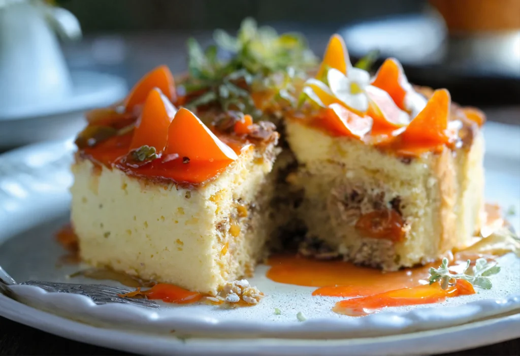 An image of a fricassee cake, showcasing its moist and fluffy texture topped with a creamy, savory sauce and garnished with fresh herbs, served on a white plate with elegant cutlery on the side.