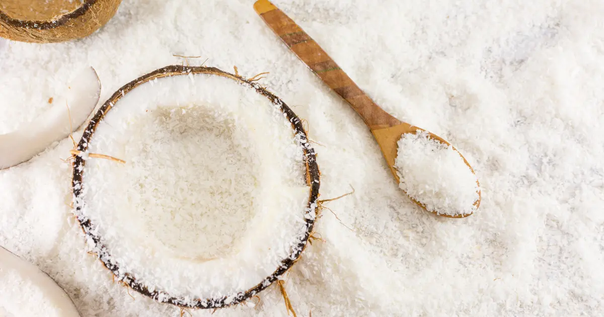 Image of finely ground coconut powder, used to stick to a cake and add a tropical flavor boost.