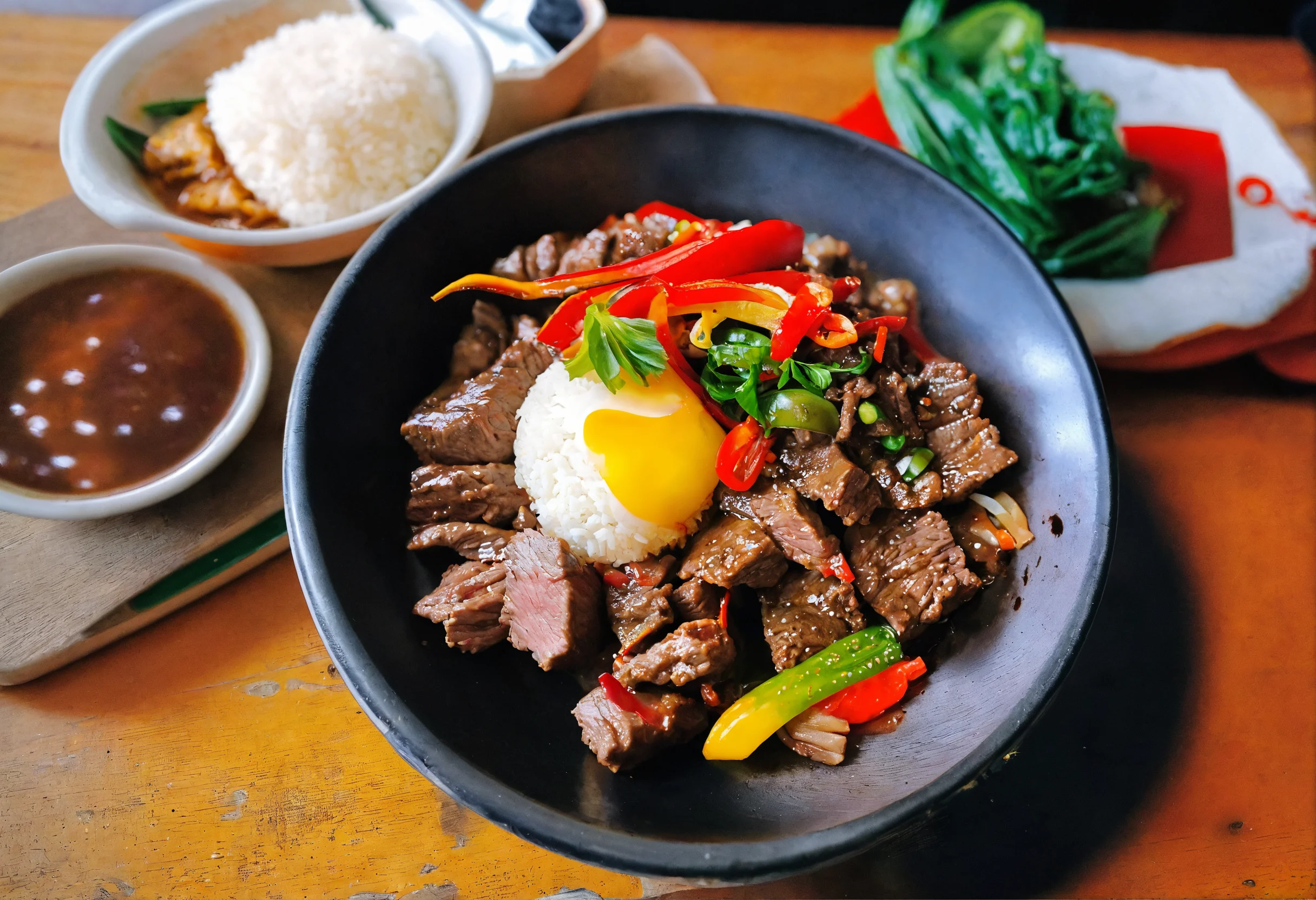 A sizzling beef Pepper Lunch dish served on a hot iron plate, featuring thinly sliced beef, mixed vegetables, and rice, garnished with sesame seeds and green onions