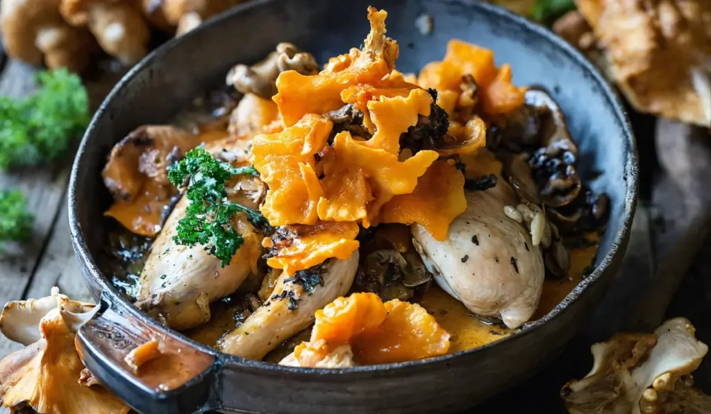 A savory dish featuring Chicken of the Woods mushrooms prepared alongside actual chicken, showcasing a harmonious blend of golden-brown poultry and the mushroom's bright orange hues