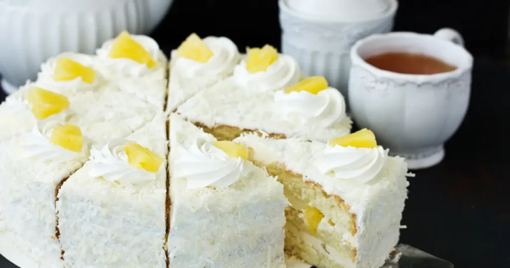 A fluffy coconut cake with creamy frosting, coated in shredded coconut, presented on a white plate, showcasing its elegant simplicity.