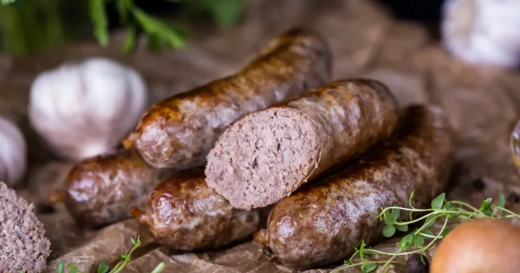 Slices of cooked venison sausage on a rustic wooden board, beautifully browned and ready to be served.