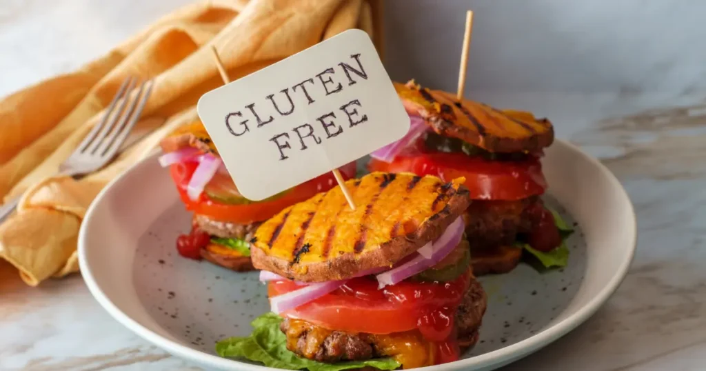 A freshly prepared gluten-free sandwich featuring layers of lettuce, tomato, and sliced turkey between two toasted gluten-free bread slices, served on a white plate."