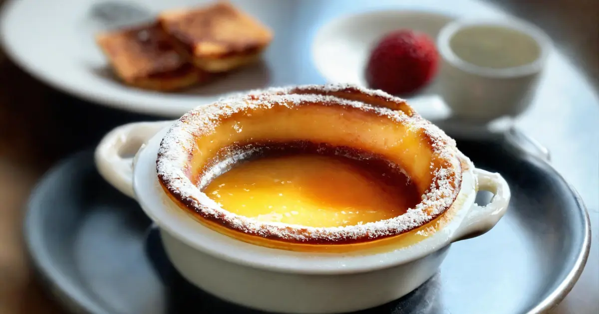 A close-up image of a single crème brûlée with a perfectly caramelized sugar crust on top, showcasing its golden-brown hue and crunchy texture.