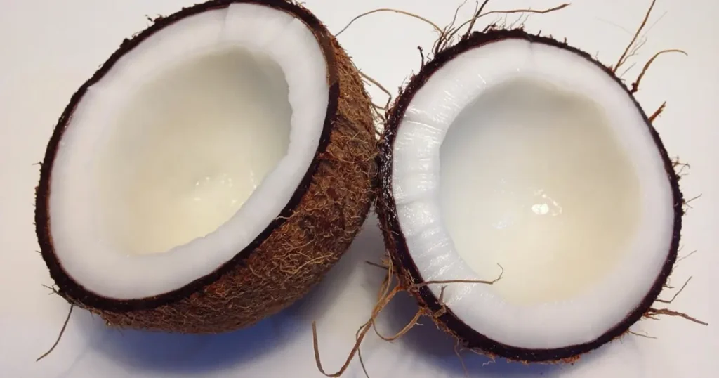 mage of a coconut sliced into two pieces, revealing the fresh and creamy interior of the fruit.