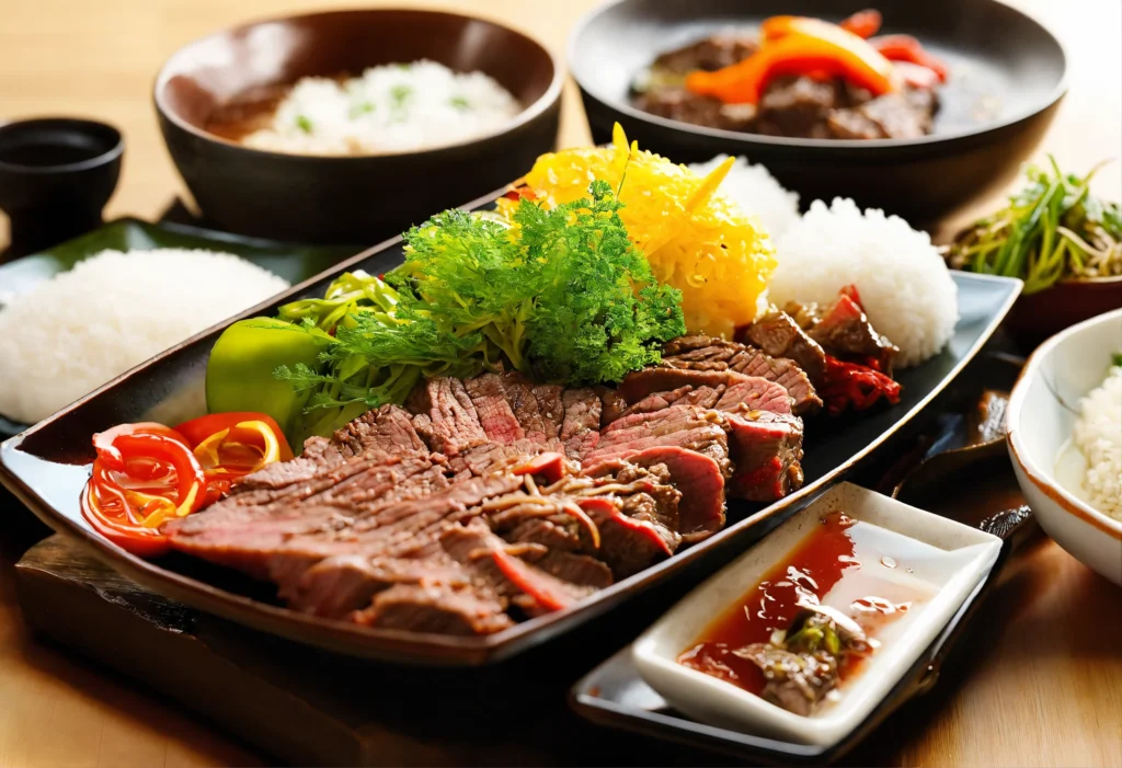 A delicious beef Pepper Lunch dish featuring succulent slices of beef, vibrant vegetables, and steaming rice served on a sizzling hot iron plate.