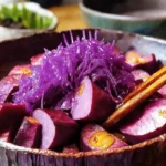 An appetizing dish of roasted purple sweet potatoes, showcasing their vibrant color and tempting texture.