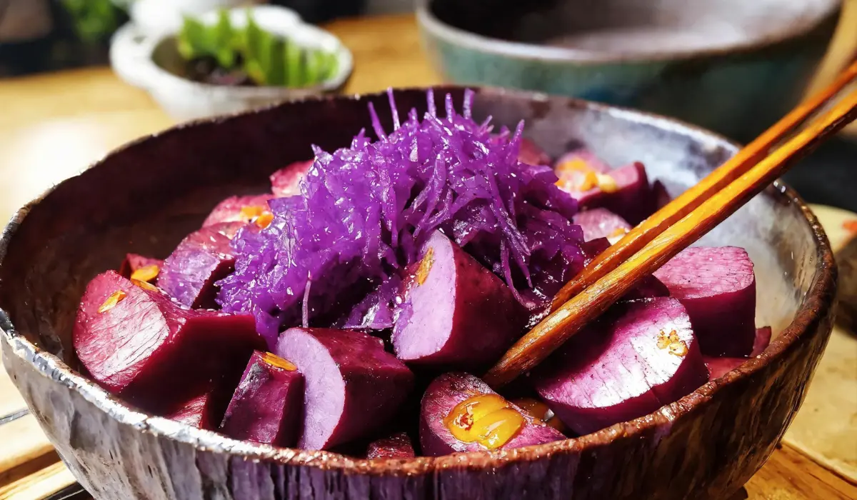 An appetizing dish of roasted purple sweet potatoes, showcasing their vibrant color and tempting texture.